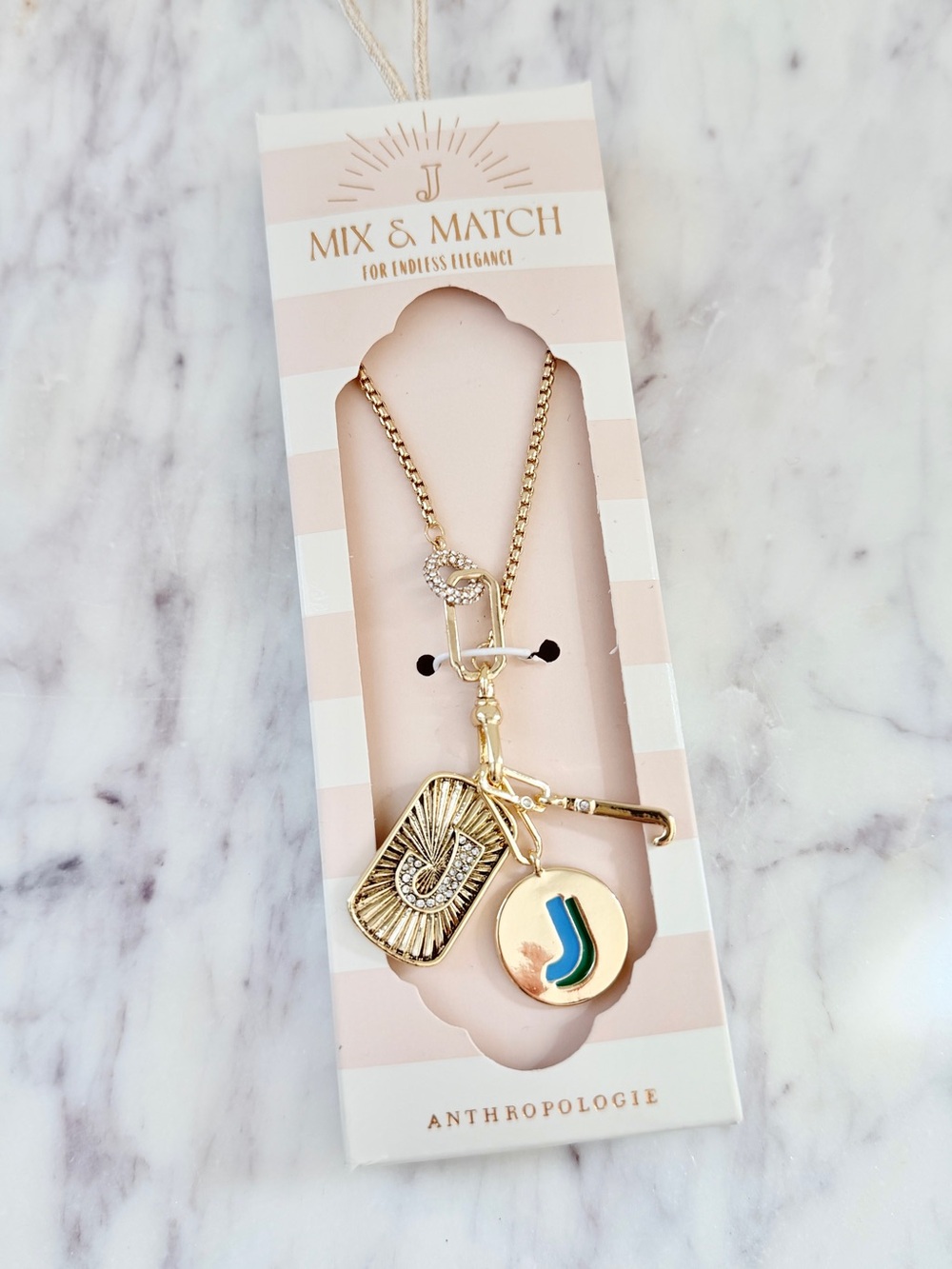 🌟 ANTHROPOLOGIE Mixed Charm Monogram Necklace Letter J Gold Plated